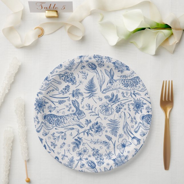 Assiettes En Carton Lapins vintages bleus et fleurs de printemps motif (Mariage)