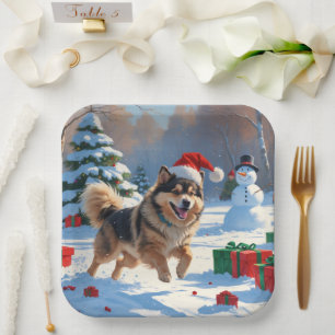 Assiettes En Carton Lapphund finnois courant dans la neige avec un cha