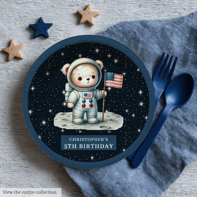 Assiettes En Carton L'astronaute porte une plaque d'anniversaire pour  (Astronaut Bear Birthday Plate for Little Boy)