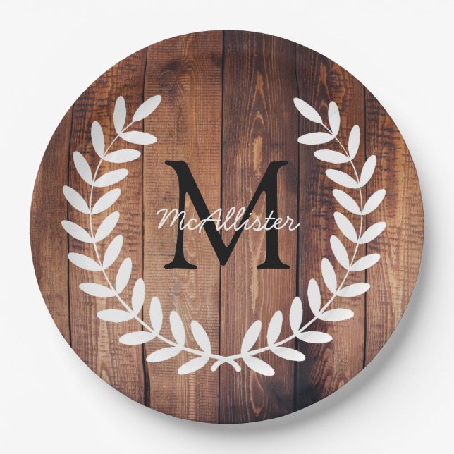 Assiettes En Carton Laurels rustique blanc champêtre Bois de grange (Devant)