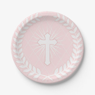 Assiettes En Carton Laurier, croix, religieux rose