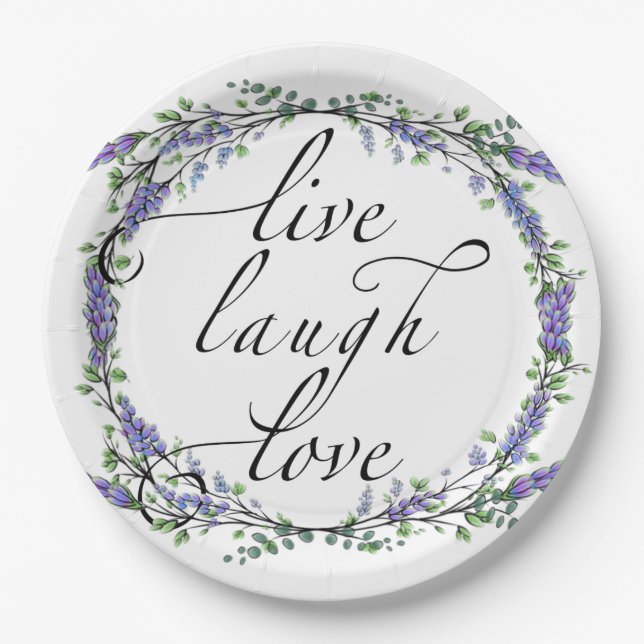 Assiettes En Carton Lavande et Eucalyptus Live Laugh Love (Devant)