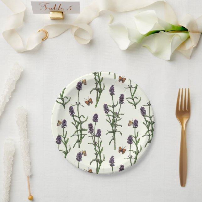 Assiettes En Carton Lavande et papillons sur blanc (Mariage)