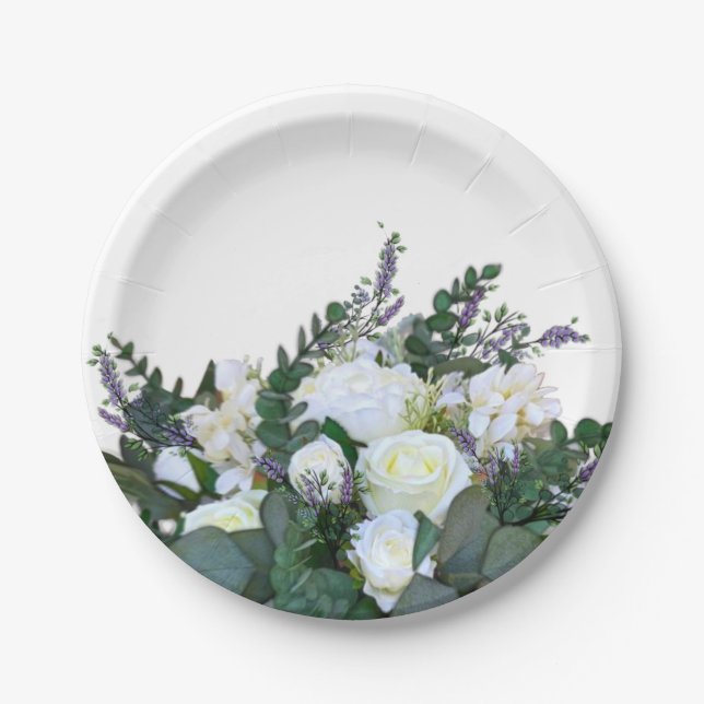 Assiettes En Carton Lavande Eucalyptus blanc roses verdure (Devant)