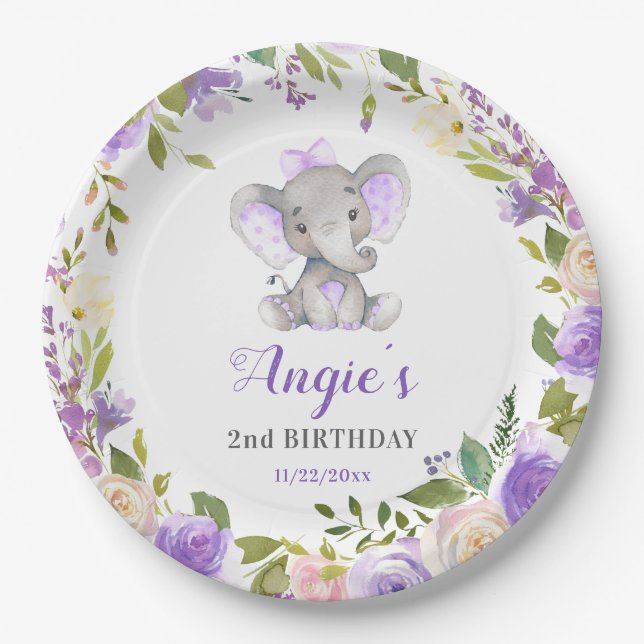 Assiettes En Carton Lavande Purple Girl Elephant Anniversaire Table de (Devant)