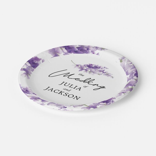 Assiettes En Carton Lavender Aquarelle Mariage Élégant Personnalisé (Angle)