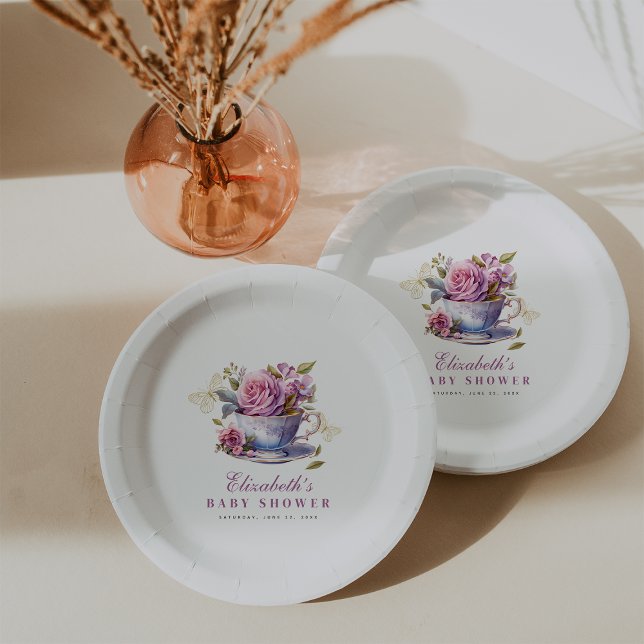 Assiettes En Carton Lavender Floral Tea Cup Baby Tea Party Baby shower (Lavender Floral Tea Cup Baby Tea Party Baby Shower Paper Plates #babyteaparty
#butterflybabyshower)