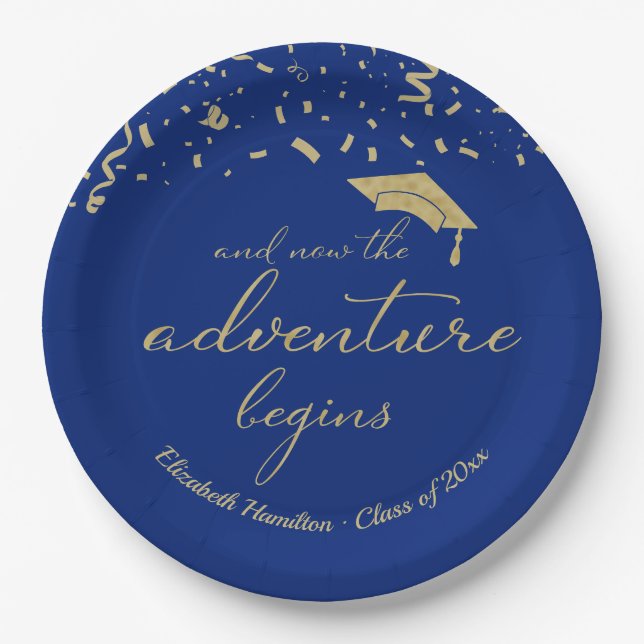 Assiettes En Carton L'aventure commence Gold Foil Blue Grad Party (Devant)