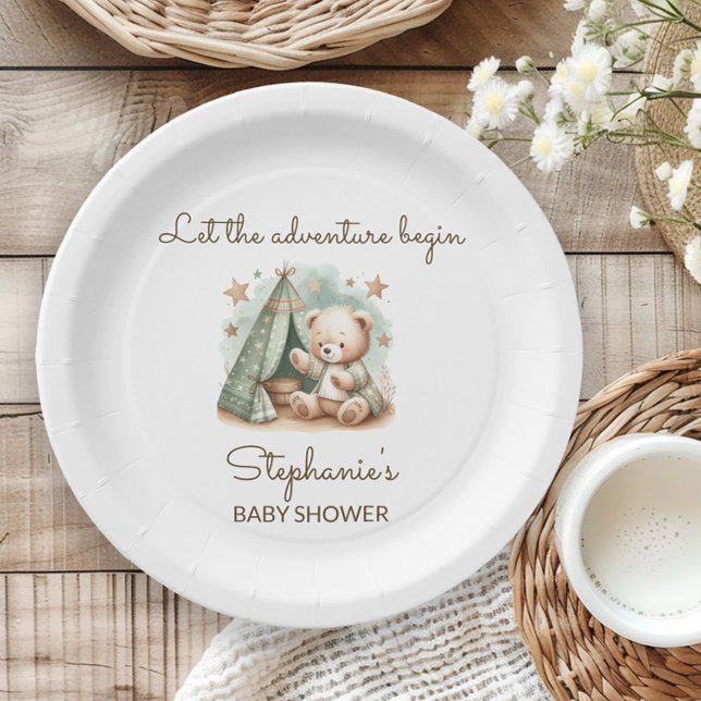 Assiettes En Carton L'aventure est l'appel Baby shower de l'ours en pe (Cute teddy bear "Let the Adventure Begin" baby shower paper plate)