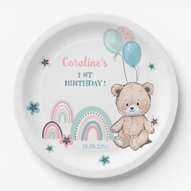 Assiettes En Carton Le 1er Anniversaire Papier Plaque - ours en peluch (Devant)