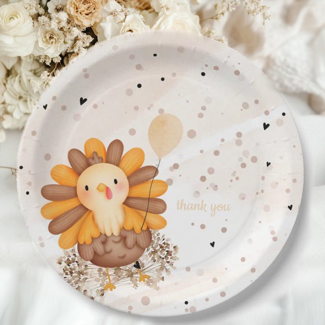Assiettes En Carton Le Baby shower de la petite Turquie Thanksgiving (Little Turkey baby shower Thanksgiving paper plates with turkey design, warm autumn colors, and fest)