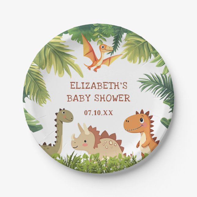 Assiettes En Carton Le Baby shower de verdure de Cute Dinosaur (Devant)