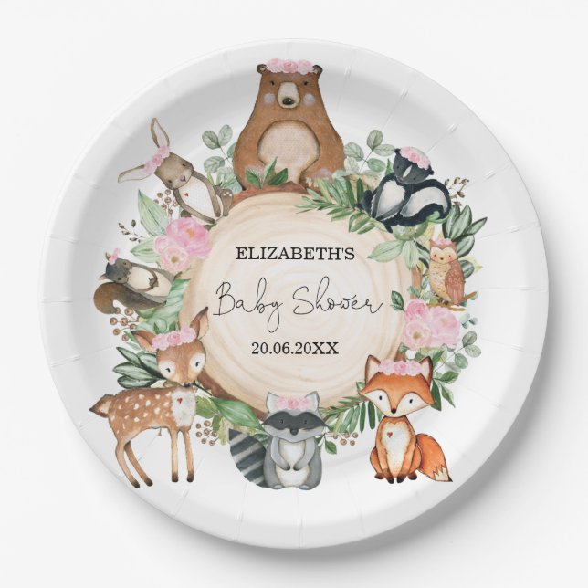 Assiettes En Carton Le Baby shower des animaux des bois de verdure ros (Devant)