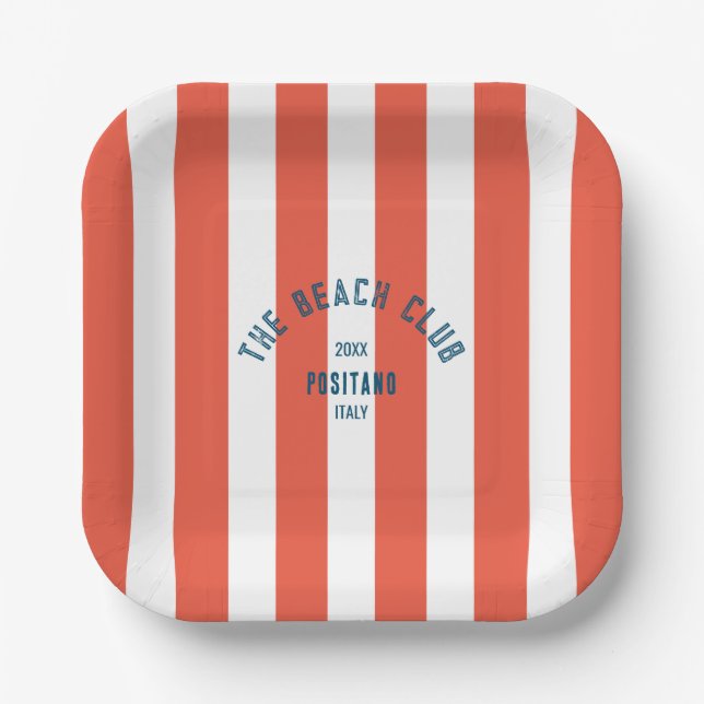 Assiettes En Carton Le Beach Club Crest Orange Red Cabana Stripe (Recto)
