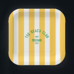 Assiettes En Carton Le Beach Club Crest Yellow Cabana Stripe<br><div class="desc">Les plaques en papier carré Beach Club sont parfaites pour vos soirées d'été dans le jardin, au bord de la piscine ou à la plage... Bandes de cabane jaune avec crête de club de plage personnalisée en état de détresse verte. Personnalisez avec les détails de votre rassemblement... année, plage et...</div>