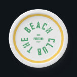 Assiettes En Carton Le Beach Club Green Crest Yellow Stripe<br><div class="desc">Les plaques en papier du Beach Club sont parfaites pour vos soirées d'été dans le jardin, au bord de la piscine ou à la plage... Bande jaune avec crête de club de plage personnalisée en couleur verte. Personnalisez avec les détails de votre rassemblement... année, plage et destination. Idéal pour un...</div>