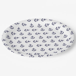 Assiettes En Carton Le bleu marine ancre le motif blanc d'arrière -