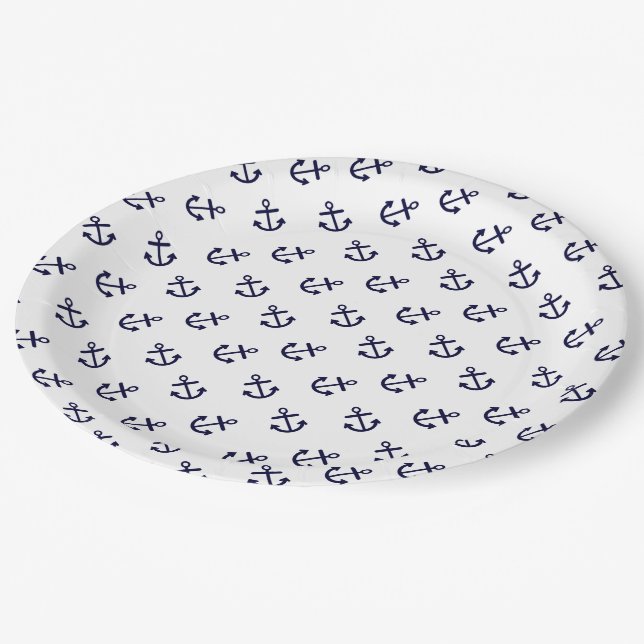 Assiettes En Carton Le bleu marine ancre le motif blanc d'arrière - (Angle)