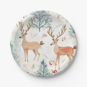 Assiettes En Carton Le Cerf D'Aquarelle En Forêt D'Hiver Noël