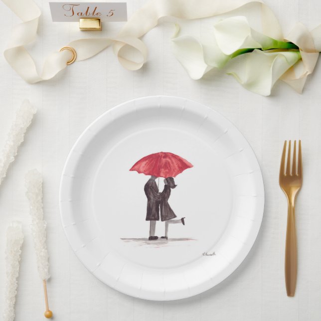 Assiettes En Carton Le couple romantique de Saint Valentin avec parapl (Mariage)