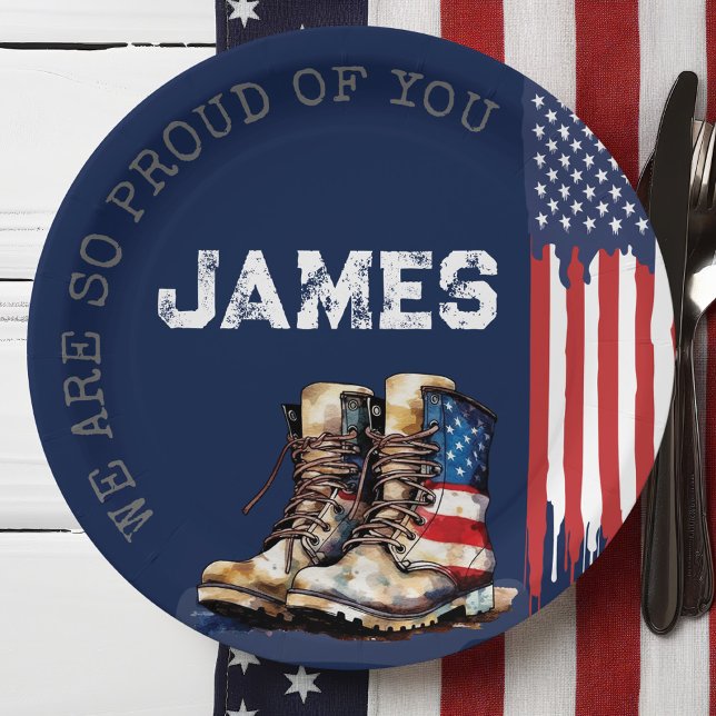 Assiettes En Carton Le drapeau militaire américain tire à sa fin BLUE (Patriotic Military Party US Flag Combat Boots going away farewell party table decor paper plates)