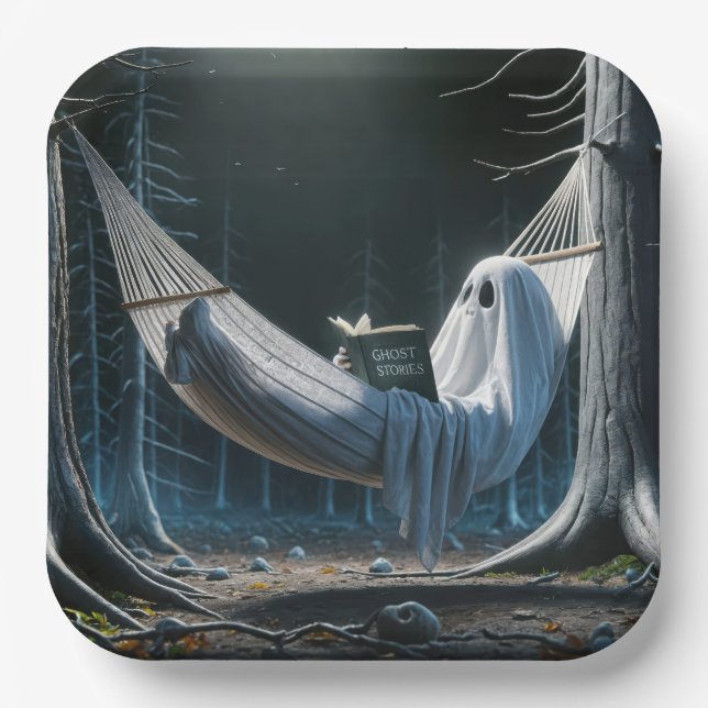 Assiettes En Carton Le fantôme d'Halloween dans un hamac (Recto)