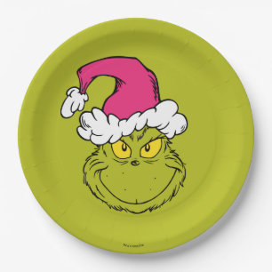 Assiettes En Carton Le Grinch avec un chapeau de Père Noël rose
