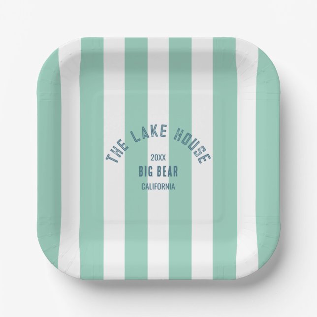 Assiettes En Carton Le Lake House Custom Crest Green Nautical Stripe (Recto)