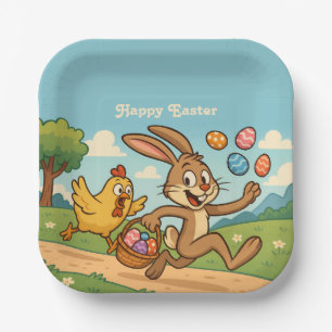Assiettes En Carton Le lapin vole les oeufs du poulet L'art de Pâques