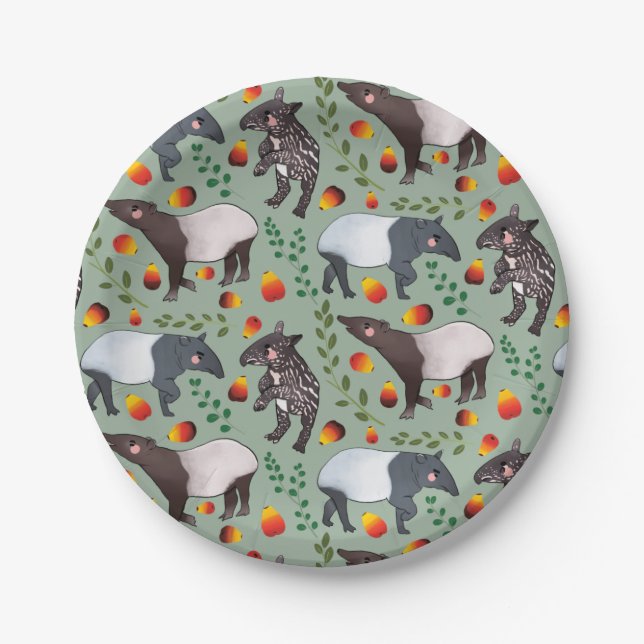 Assiettes En Carton Le Motif animal du Tapir de Malaisie vert et noir (Devant)