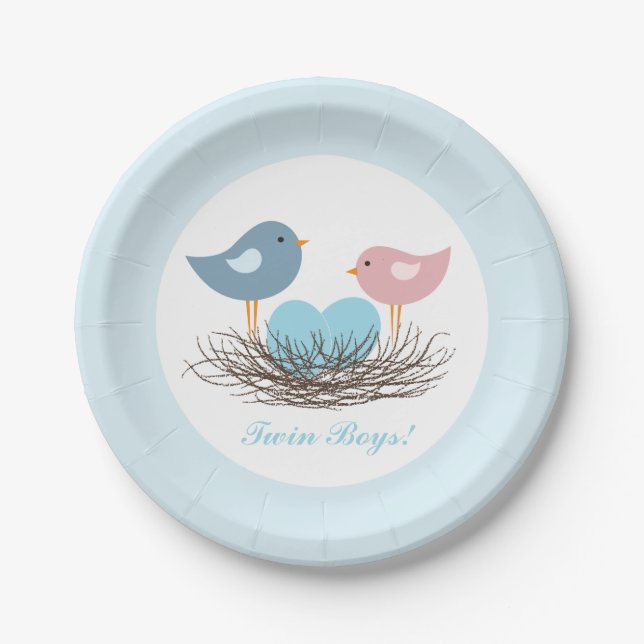 Assiettes En Carton Le nid d'oiseaux jumeaux | Baby shower (Devant)