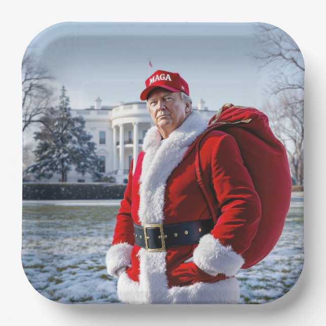 Assiettes En Carton Le Père Noël Trump avec sac rouge (Recto)