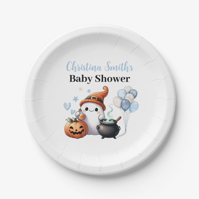 Assiettes En Carton Le petit Baby shower garçon d'Halloween Boo (Devant)
