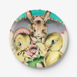 Assiettes En Carton Le rétro lapin et les poussins de Pâques vintage