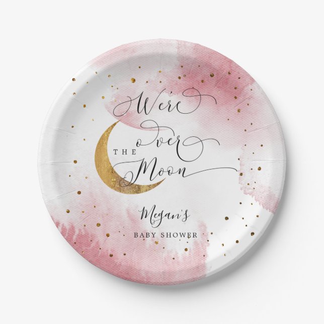 Assiettes En Carton Le rose au-dessus de la lune Baby shower Gold Star (Devant)