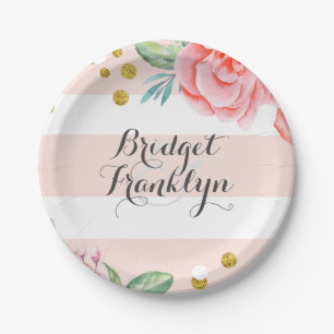 Assiettes En Carton Le rose barre des fleurs d'aquarelle de confettis