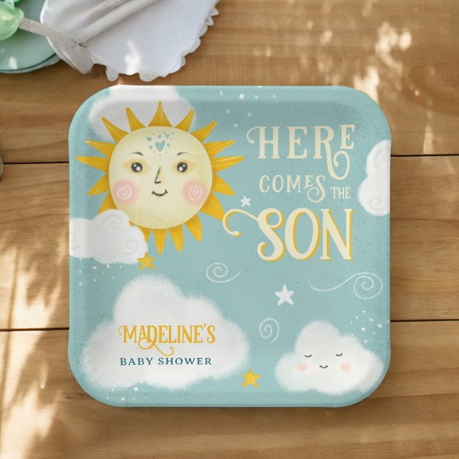Assiettes En Carton Le soleil lunaire rétro vient ici le baby shower f (Retro whimsical Sun here comes the son baby shower Paper Plates)