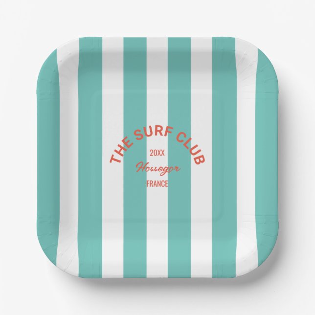 Assiettes En Carton Le Surf Club Red Crest Turquoise Cabana Stripe (Recto)