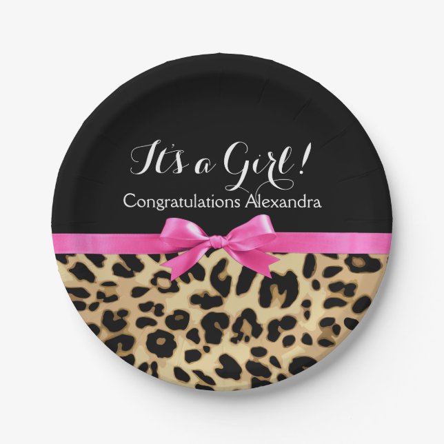 Assiettes En Carton Leopard Hot rose Bow C'est un Baby shower Safari f (Devant)