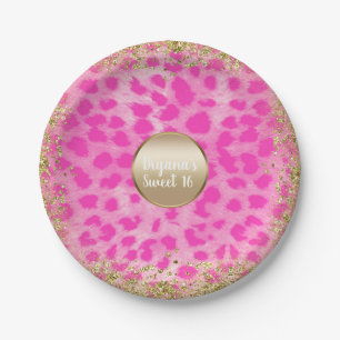 Assiettes En Carton Léopard Rose Impression Tachetée Cheetah Pailletée