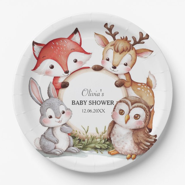 Assiettes En Carton Les animaux des bois Baby shower mignon (Devant)