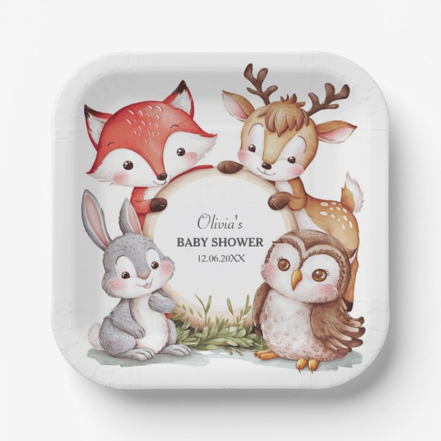 Assiettes En Carton Les animaux des bois Baby shower mignon (Recto)