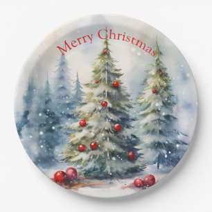 Assiettes En Carton Les arbres de Noël paysage enneigé hiver