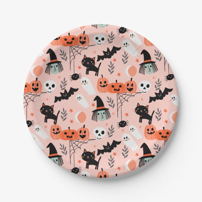 Assiettes En Carton Les enfants mignons Halloween rose motif (Devant)