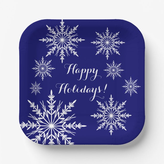 Assiettes En Carton Les flocons blancs sur Blue Happy Holidays (Recto)