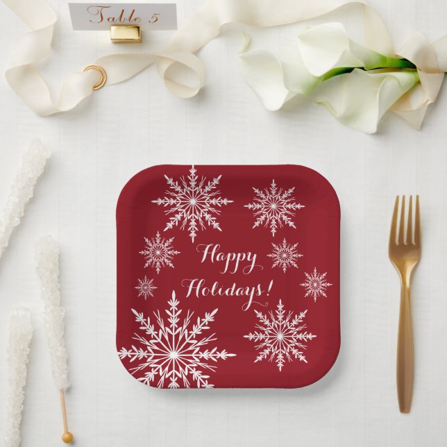 Assiettes En Carton Les flocons blancs sur Red Happy Holidays (Mariage)