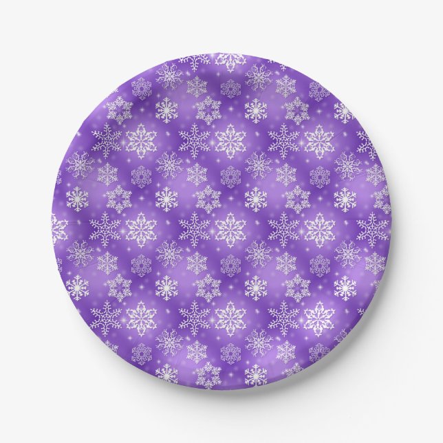 Assiettes En Carton Les flocons de neige d'hiver sur le violet (Devant)