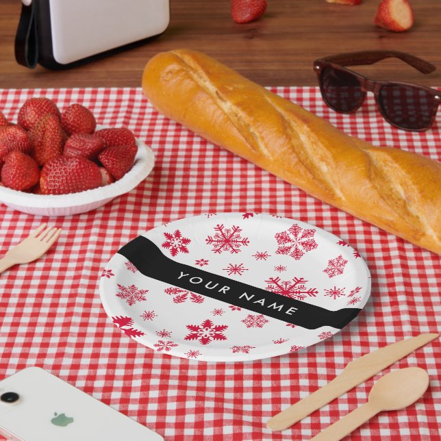 Assiettes En Carton Les flocons rouges, Votre nom, Personnalisez (Pique-nique)