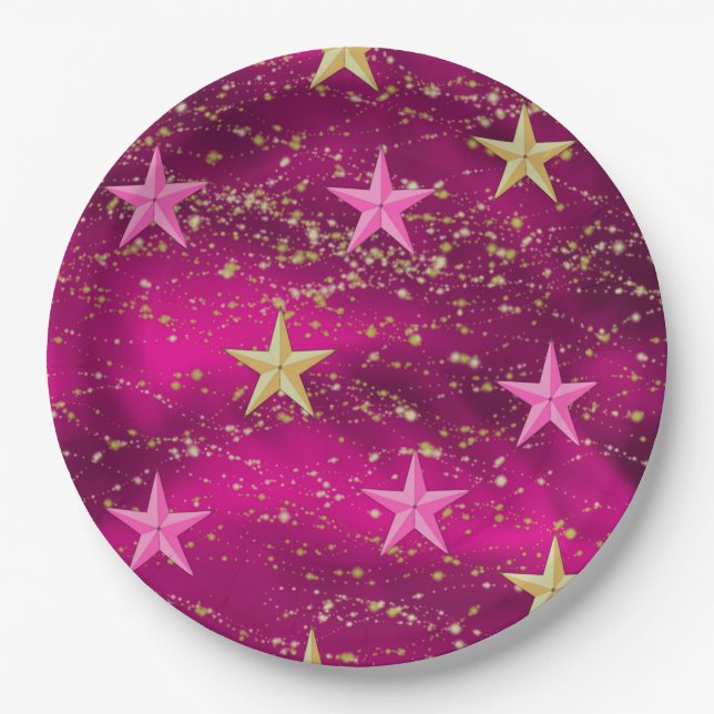 Assiettes En Carton Les nuits arabes Magenta & Gold Stars (Devant)
