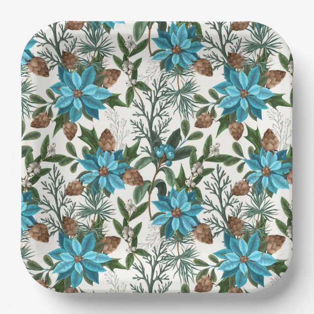 Assiettes En Carton Les Pins et Poinséttia Bleus (Recto)
